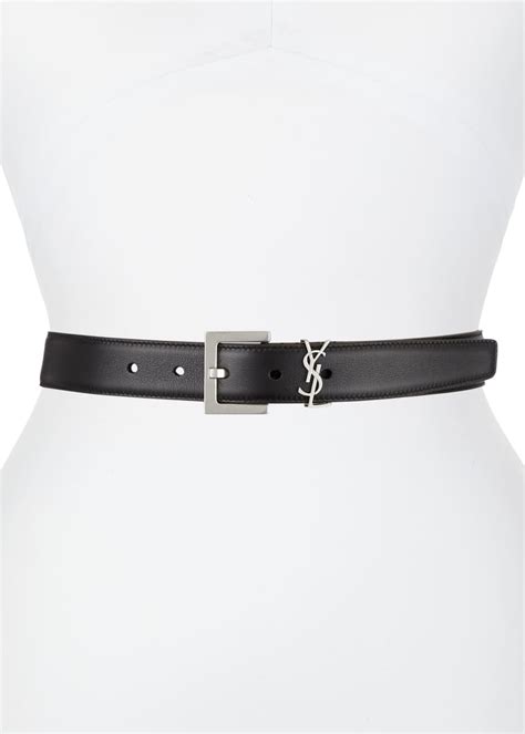 Saint Laurent Silvertone YSL Monogram Leather Belt